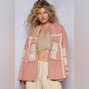 NWOT POL Embroidered  Hooded  with Lace Detail Patchwork Jean Jacket